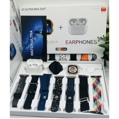 I20 Ultra Max Suit 10 In 1 Set Smartwatch With Tws Earphone Wireless 7 Straps 2.3&rdquo; Heart Rate Tracker Ultra 8 Smart Watch 49mm Black