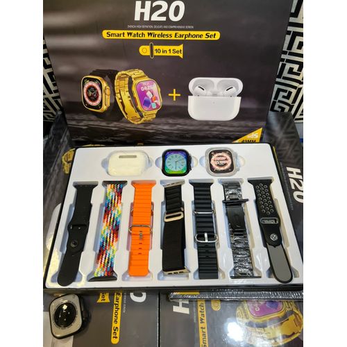 H20 Ultra Max Suit 10 In 1 Set Smartwatch With Tws Earphone Wireless 7 Straps 2.3&rdquo; Heart Rate Tracker Ultra 8 Smart Watch 49mm Black