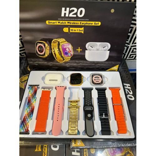 H20 Ultra Max Suit 10 In 1 Set Smartwatch With Tws Earphone Wireless 7 Straps 2.3 Heart Rate Tracker Ultra 8 Smart Watch 49mm Gold